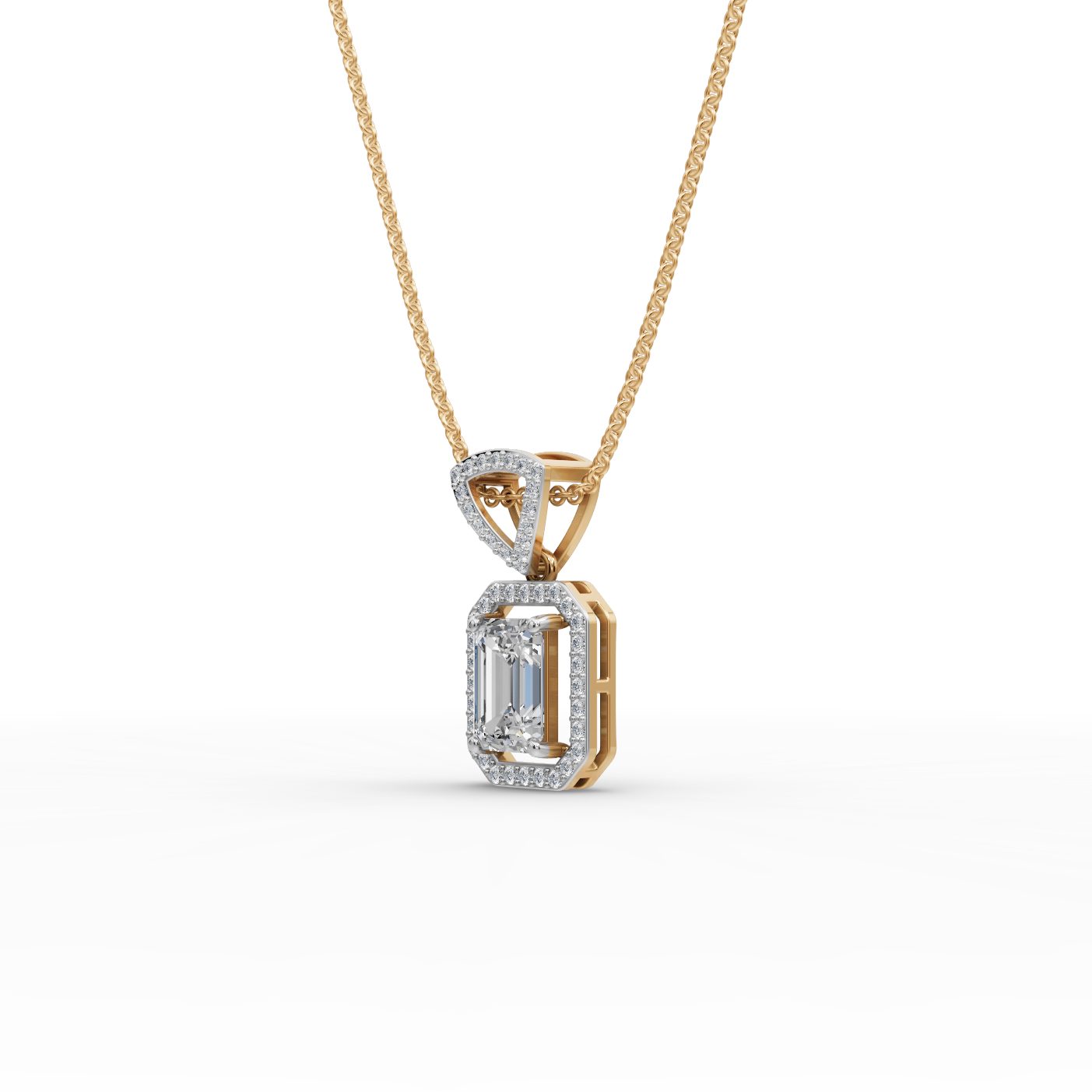 Regal Sparkle Emerald Lab-Grown Diamond Halo Pendant in yellow gold