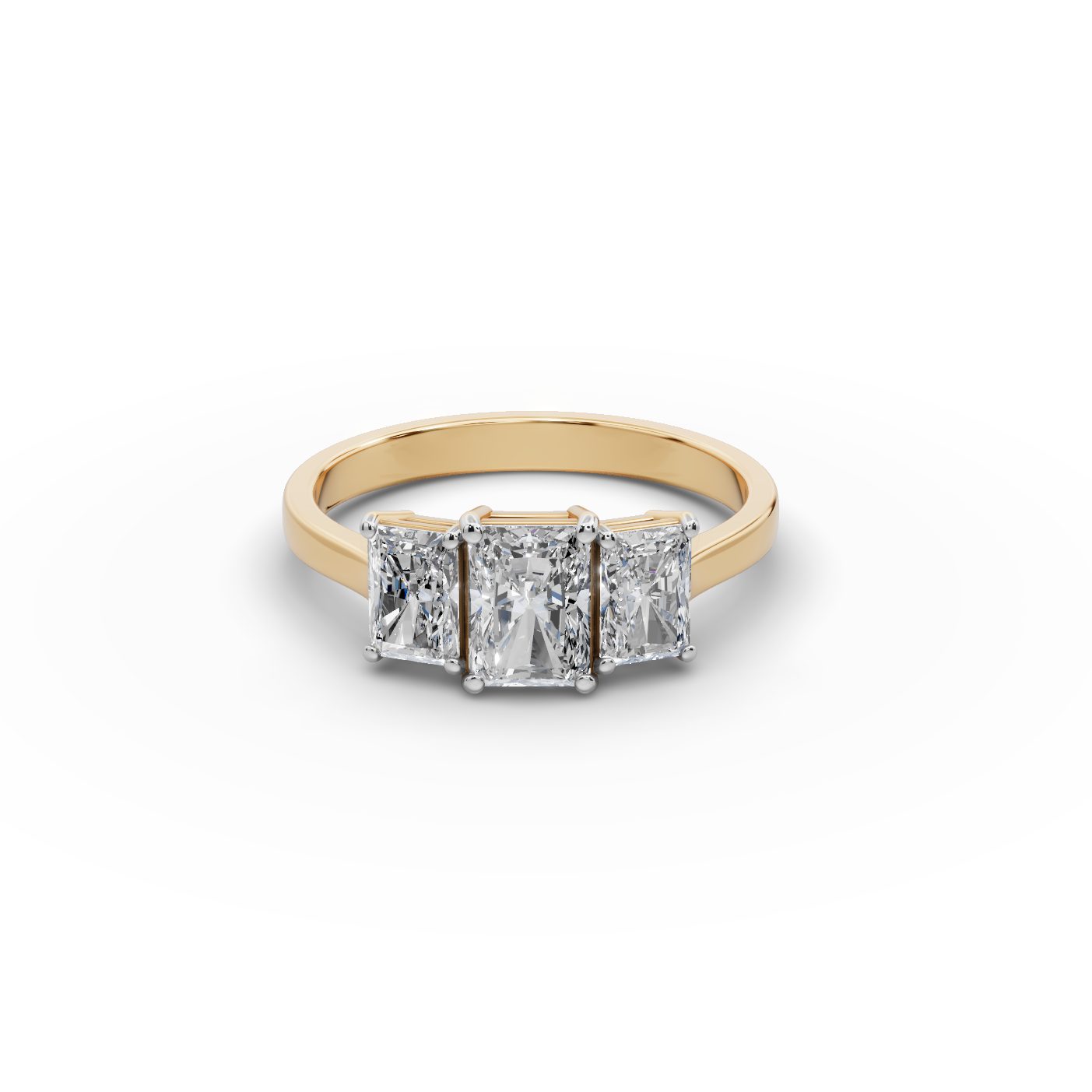 Serene Line Radiant Lab-Grown Diamond Three Stone Ring in yellow gold, set with lab-grown diamonds