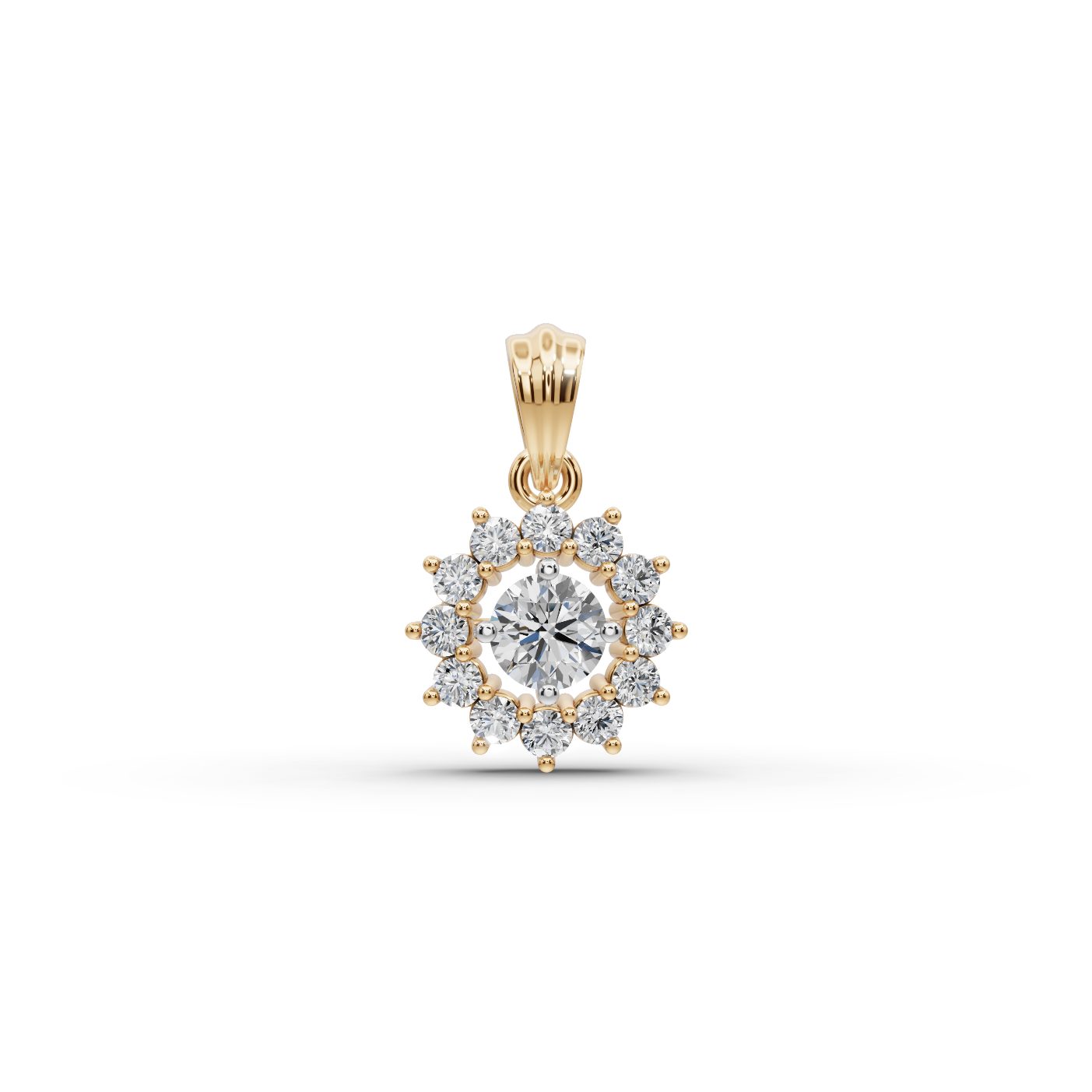 Timeless Trail Round Lab-Grown Diamond Halo Pendant in yellow gold, set with lab-grown diamonds