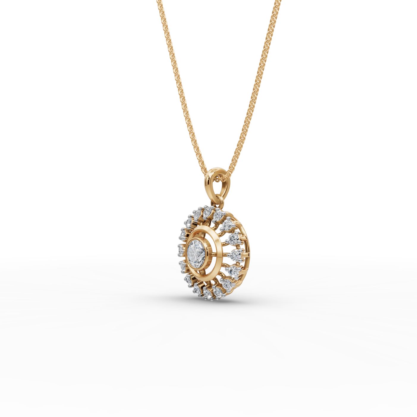 Enduring Sparkle Round Lab-Grown Diamond Halo Pendant in yellow gold