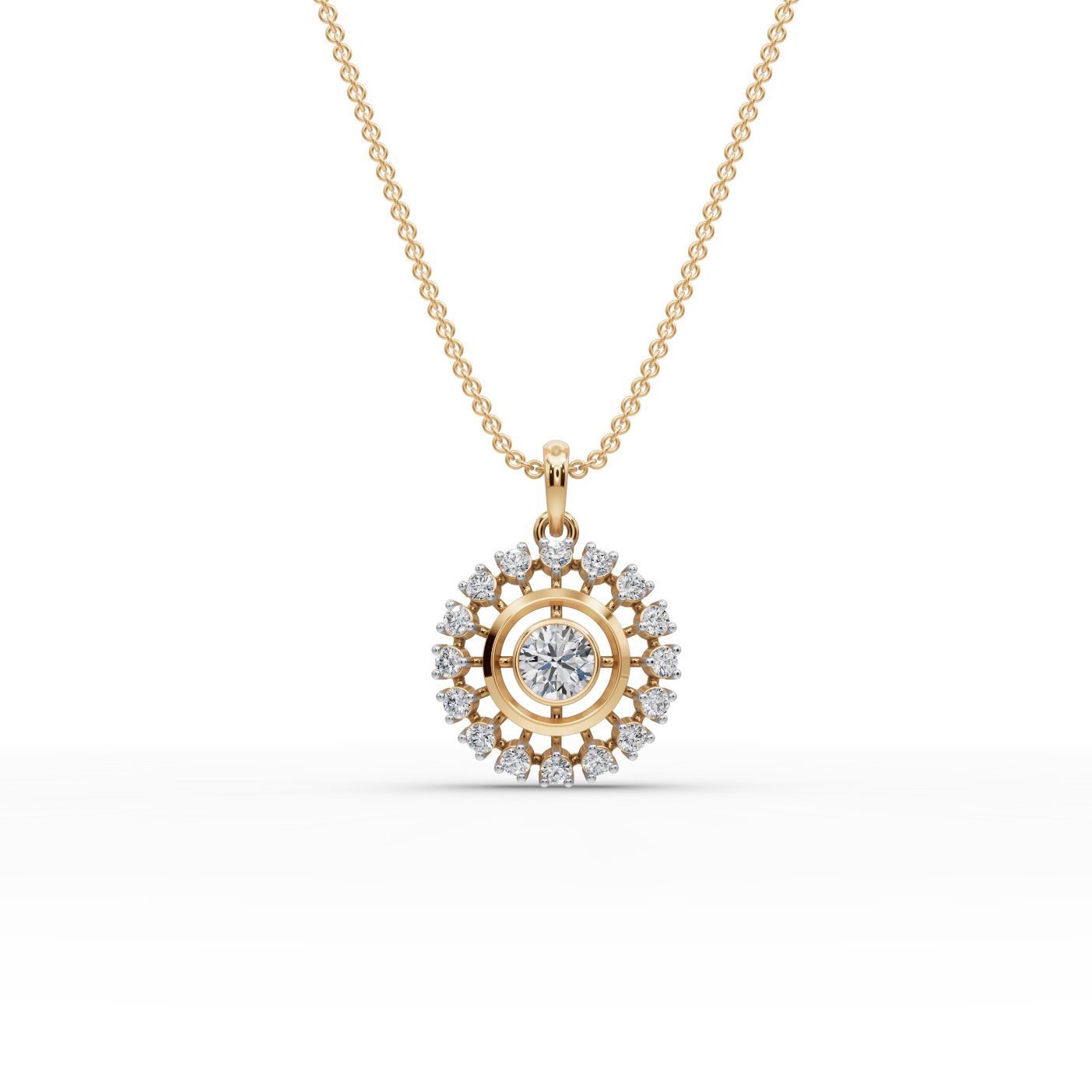 Enduring Sparkle Round Lab-Grown Diamond Halo Pendant in yellow gold