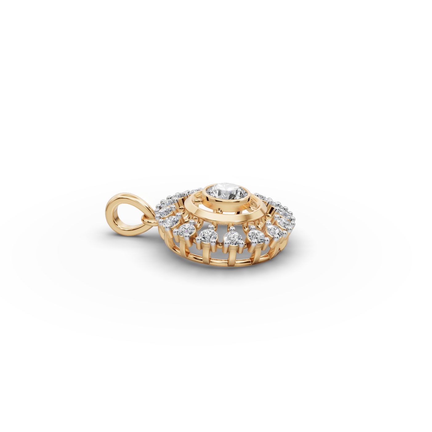Enduring Sparkle Round Lab-Grown Diamond Halo Pendant in yellow gold