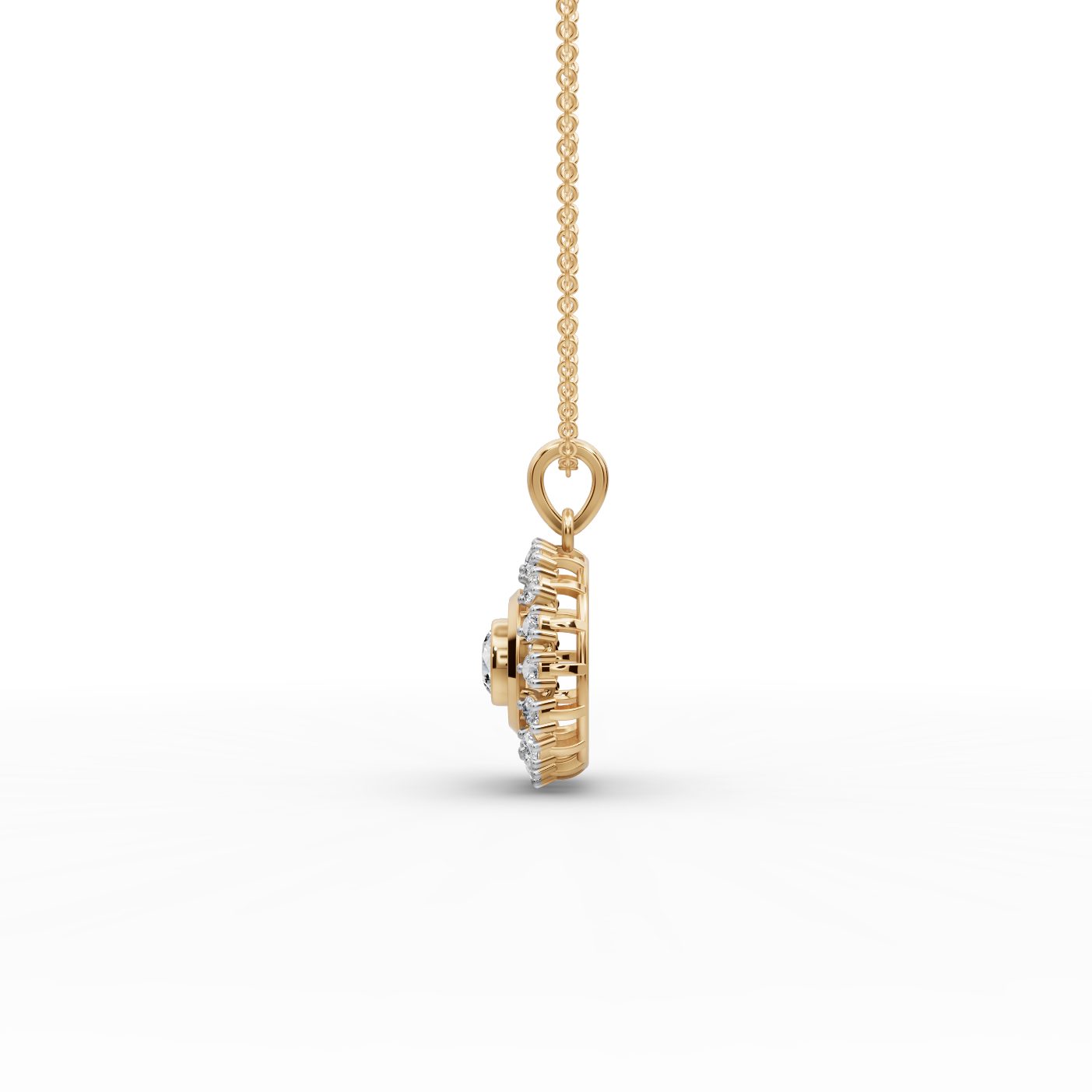 Enduring Sparkle Round Lab-Grown Diamond Halo Pendant in yellow gold