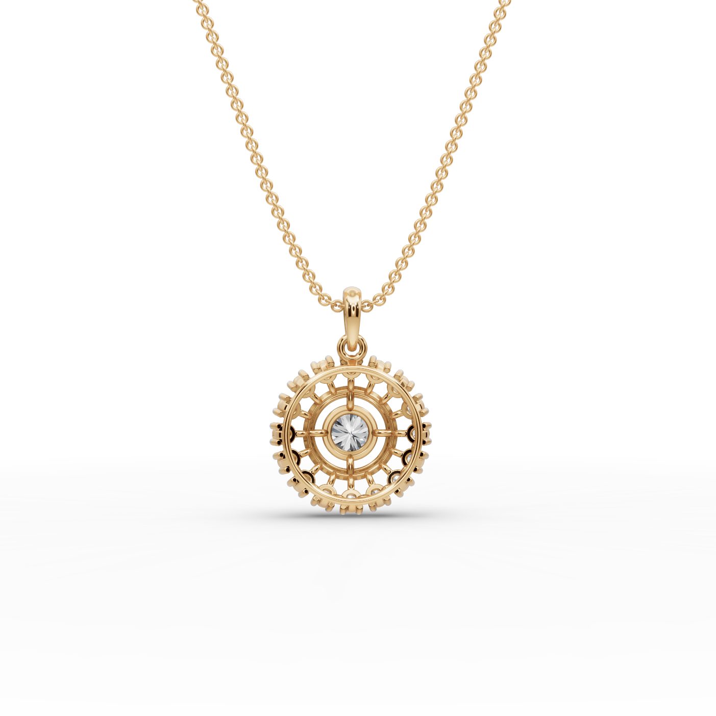 Enduring Sparkle Round Lab-Grown Diamond Halo Pendant in yellow gold