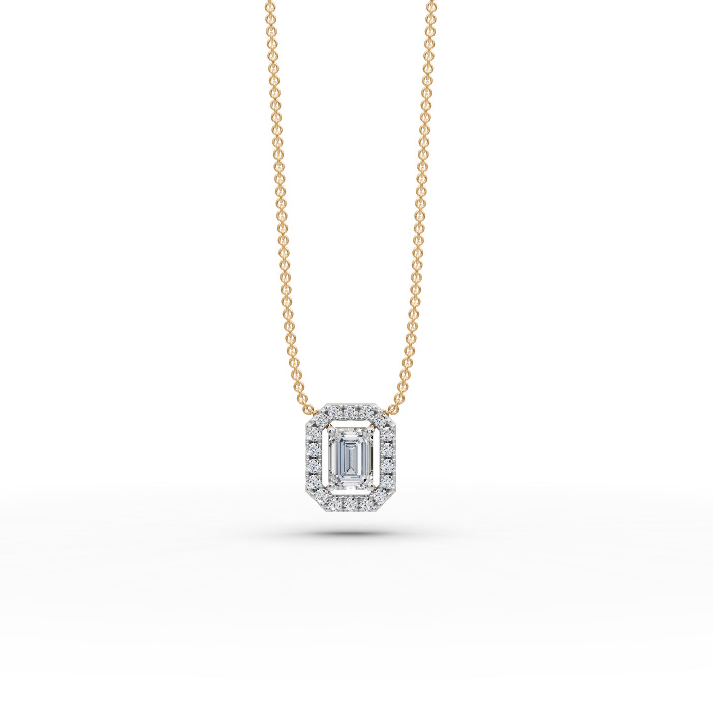 Elegant Whisper Emerald Lab-Grown Diamond Halo Pendant in yellow gold