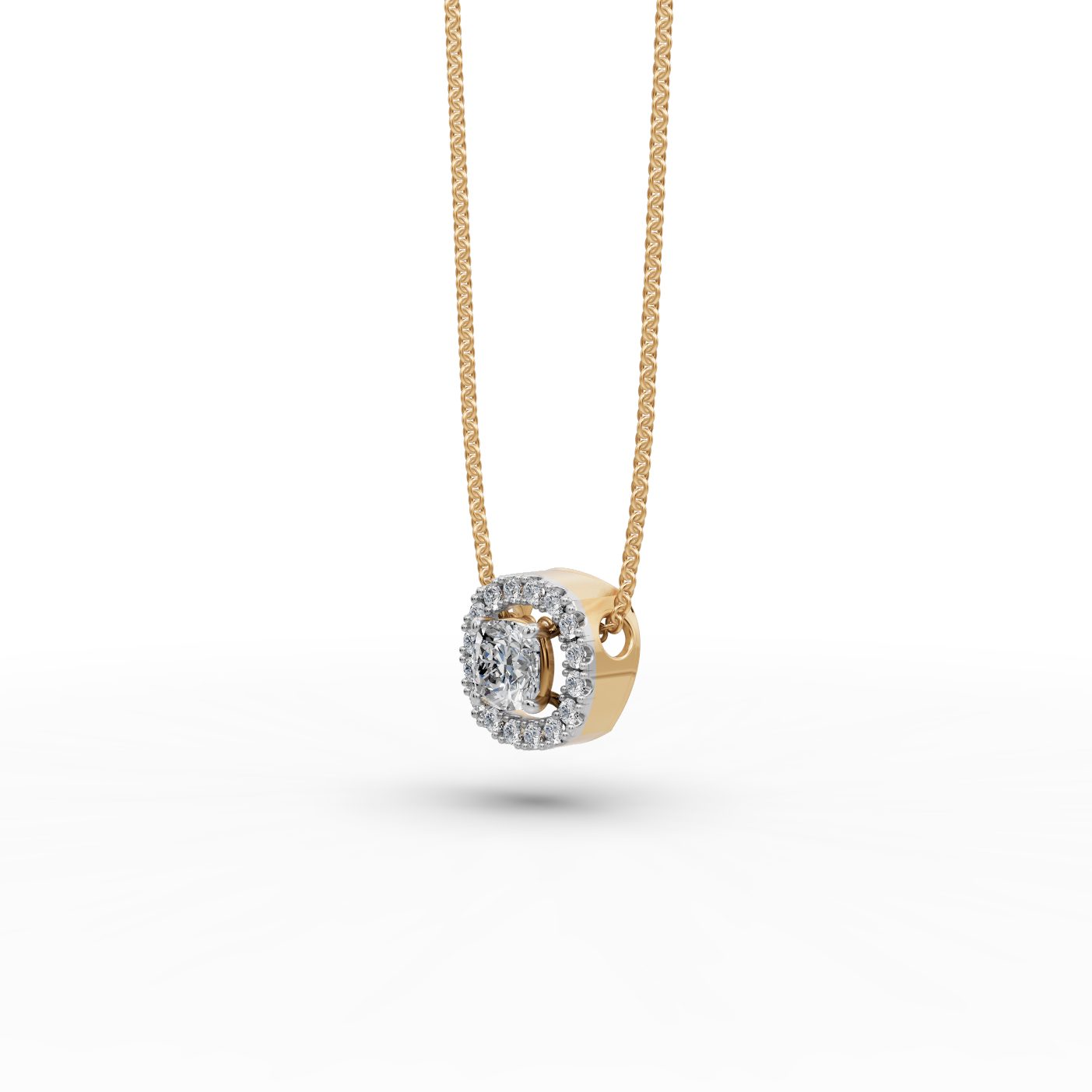 Endless Cascade Cushion Lab-Grown Diamond Halo Pendant in yellow gold