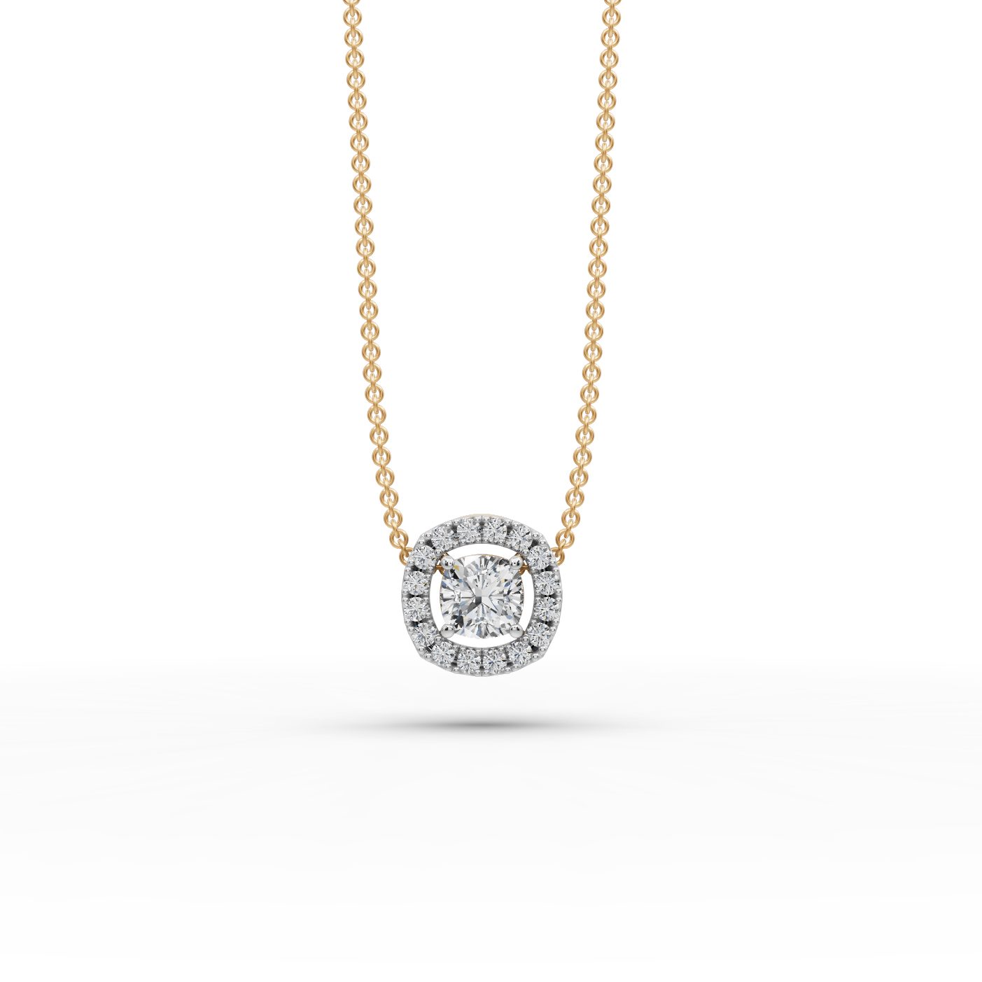 Endless Cascade Cushion Lab-Grown Diamond Halo Pendant in yellow gold