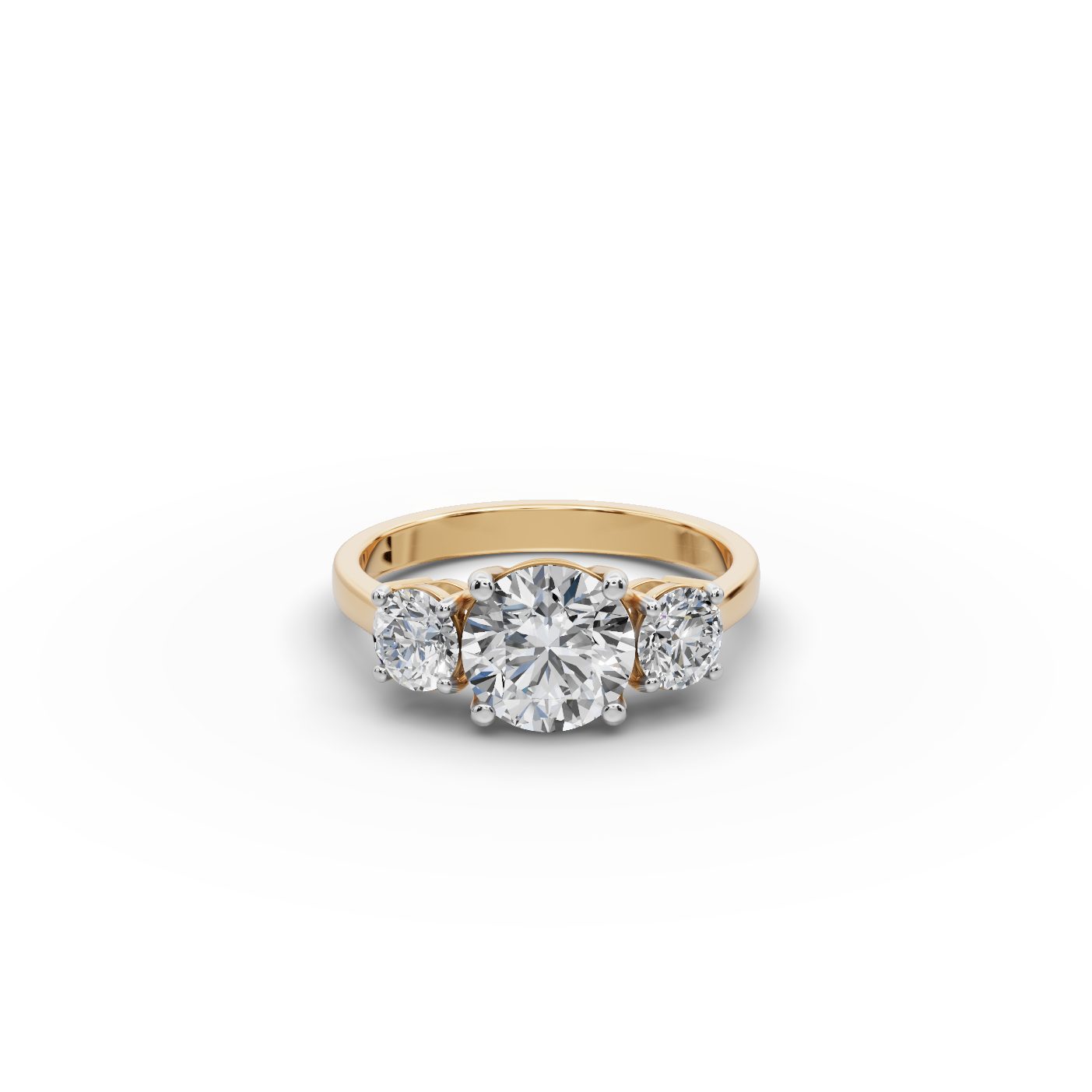 Regal Light Round Lab-Grown Diamond Three Stone Ring in yellow gold, set with lab-grown diamonds